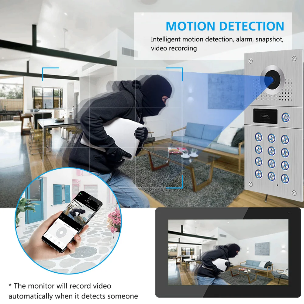 Jeatone Interkom Video WiFi 2 Buah Monitor Layar Sentuh 10 Inci dengan Kabel RFID Kode Keypad Bel Pintu Interkom untuk Apartemen