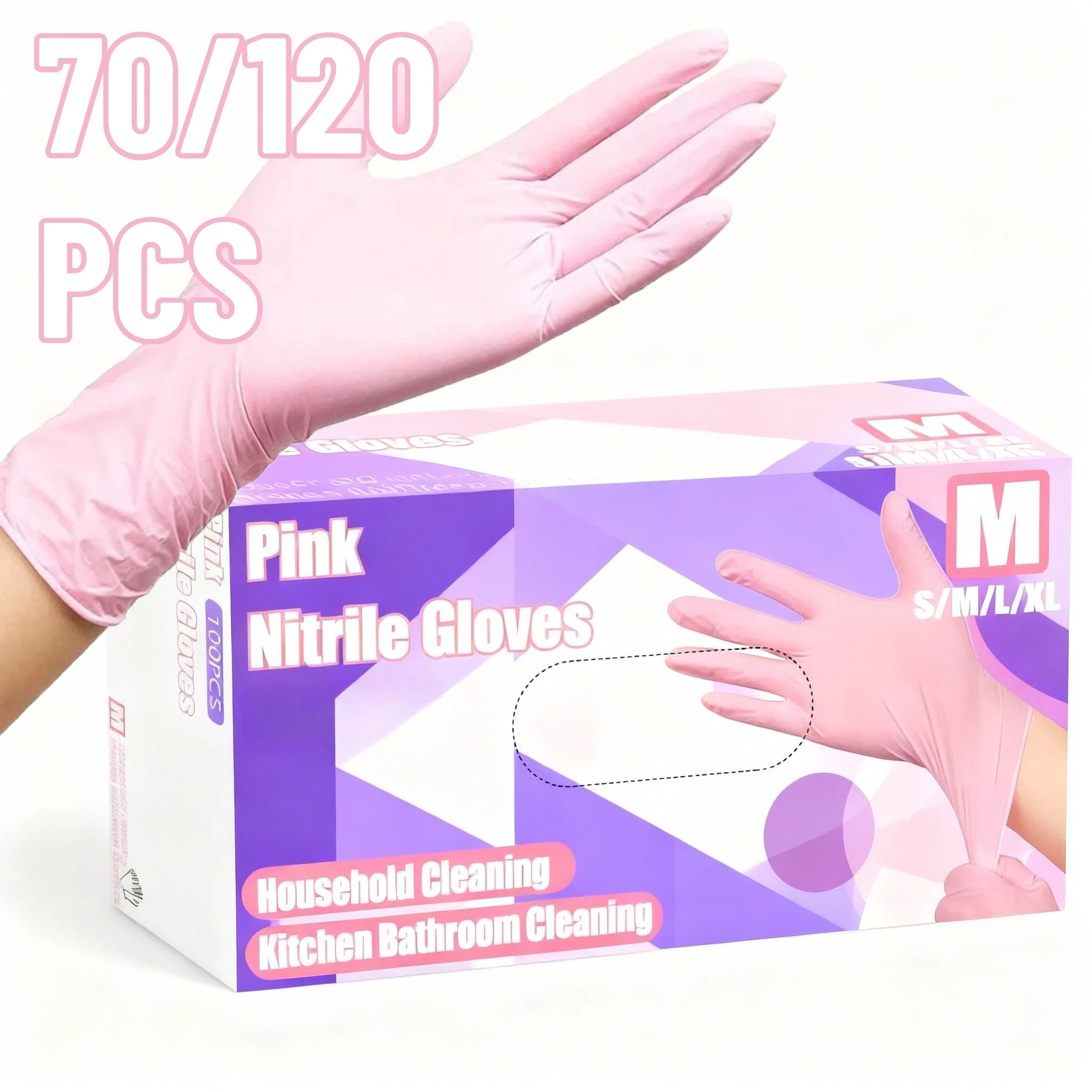 70/120 Einweg-Handschuhe aus hellrosa Nitril, geeignet für Küche, Schlafzimmer, Wohnzimmer, Reinigung, Haarfärben, Einweg-Nitrilhandschuhe