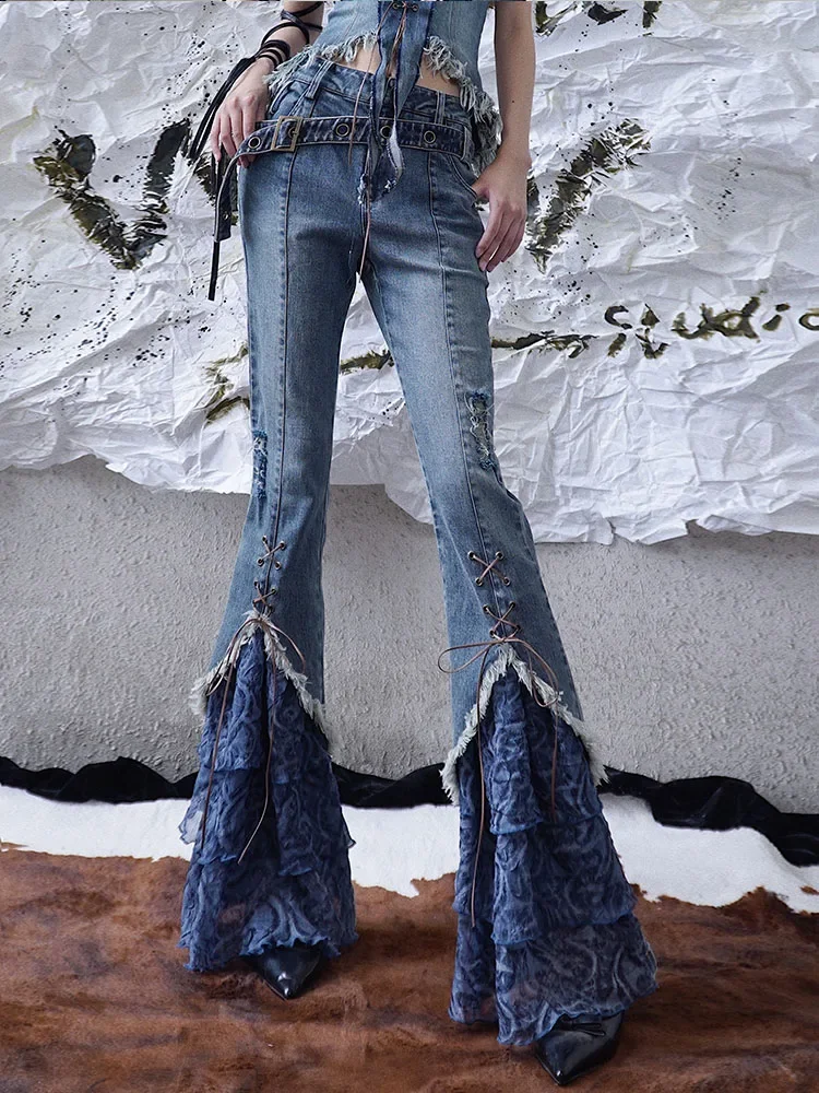 Original New Flower Lace Ruffled Splicing Straps Jeans Retro Cool Girl Women's Skinny Flare Jeans Hole Ripped Denim Pants