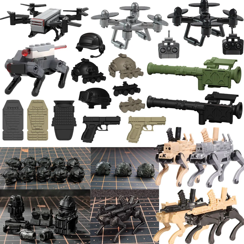 MOC Дрон Робот Собака Волки Строительные блоки Самолет Военный шлем спецназа Жилет Щит Glock FIM92 Мини-игрушечные кирпичи A042
