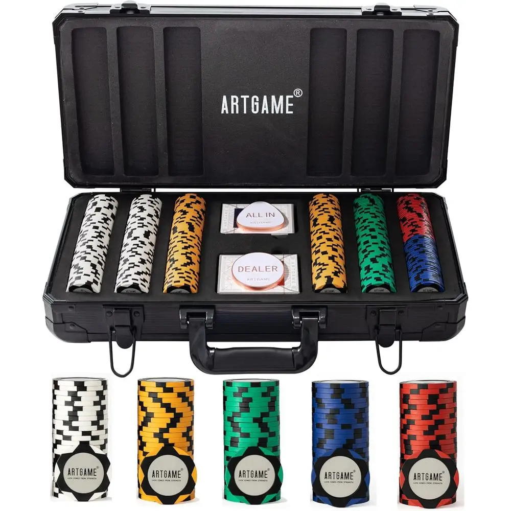 

ARTGAME 14 GClay Poker Chip Set or Texas Hold’em, 300Pcs Casino Style Chips, with K-Type Case and Dealer Buttons.
