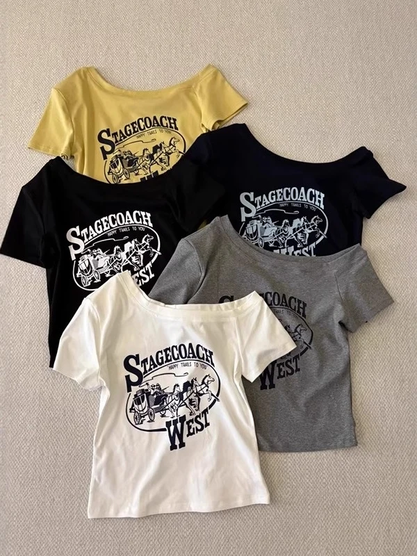 

Летний повседневный хлопковый топ больших размеров для женщин, облегающий, с открытыми плечами, с буквенным принтом и диагональным воротником