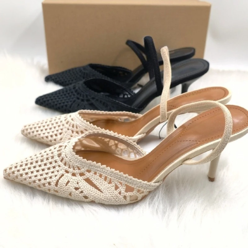 Women Sandals White Crochet Knit Slingback Heels Pumps Pointed Toe Hollow Stiletto Heel Ladies Elegant Backless Daily Wear Shoes view 5