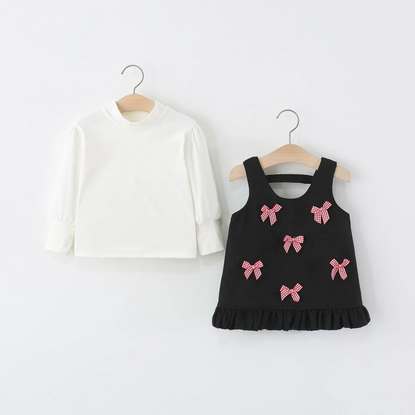 

2025 autumn new five bow vest two-piece set, girls long-sleeved top + suspender dress