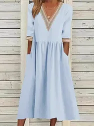 Loose Lace Splicing V Neck Half Sleeve Long Dress Women Solid Cotton Linen Dresses Female Srping Summer Pocket Robe Femme