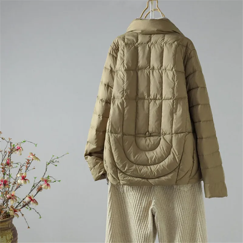 2023 Autumn Winter Women Single-breasted Frog Down Coat Warm Light White Duck Down Jacket Female Bigsize Puffer Parkas Outwears