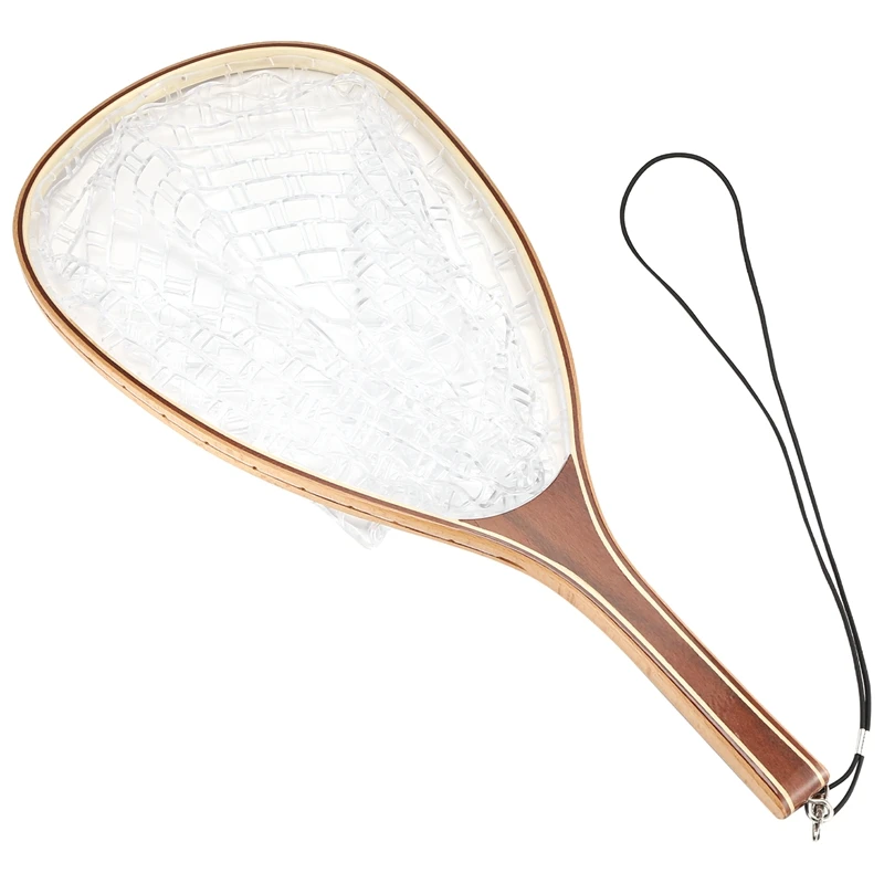 Hot AD-Landing Fish Net Fishing Hand Nets With Clear Rubber Mesh Netting Wooden Handle Fly Fishing Equipment For Catch