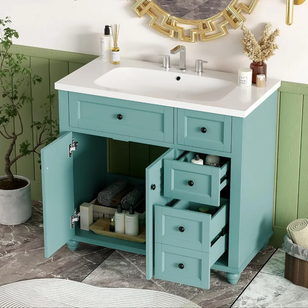 36" Bathroom Vanity with Sink Combo, Single Sink Freestanding Bathroom Storage Vanity Cabinet with Louvered Doors and Drawers