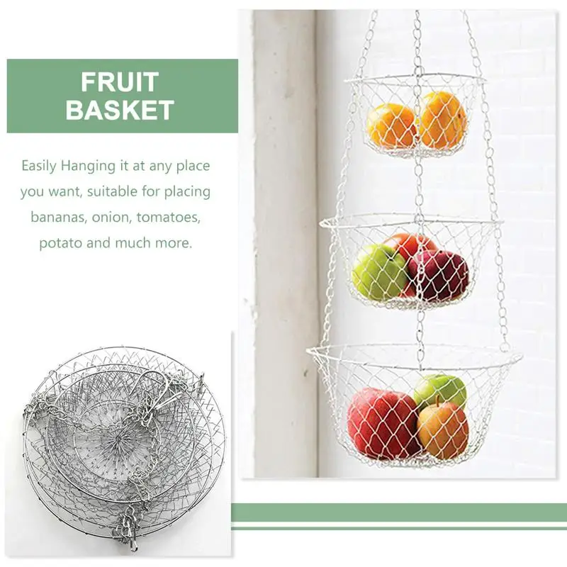 Cesta de frutas colgante, cesta de verduras, cesta de almacenamiento colgante de alambre de hierro de 3 niveles para cocina