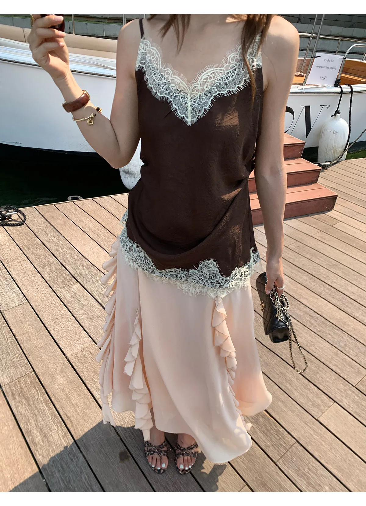 【MAR】 Women Summer V Neck Sleeveless Vest Pure Acetate Lace Trim Casual All Match Top