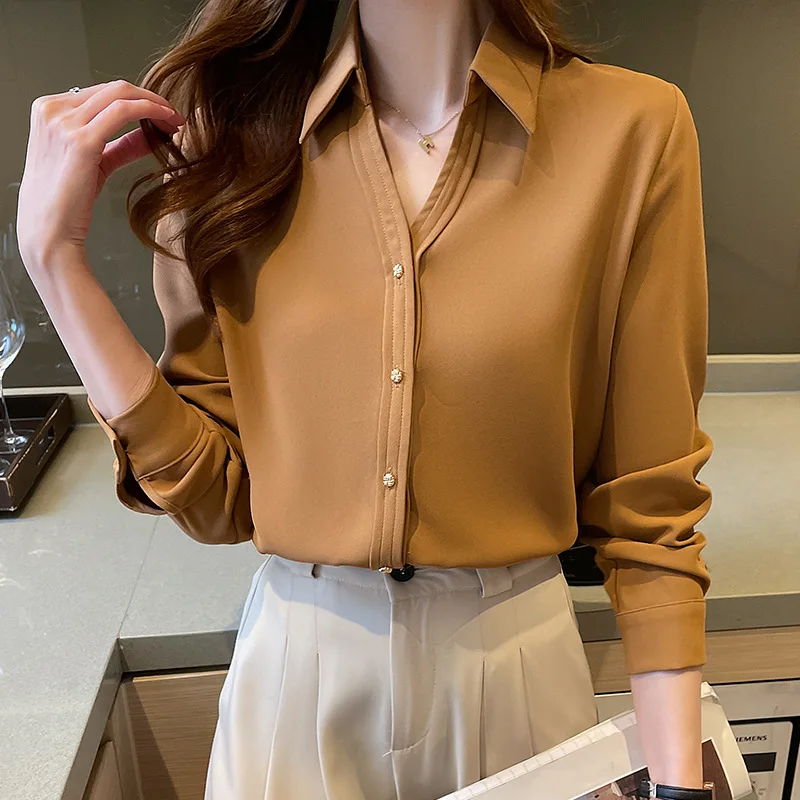 

Autumn Women's Long Sleeve Satin Shirt Metal Button Interview Professional Shirt Solid Color Fashion Slimming Chiffon Top