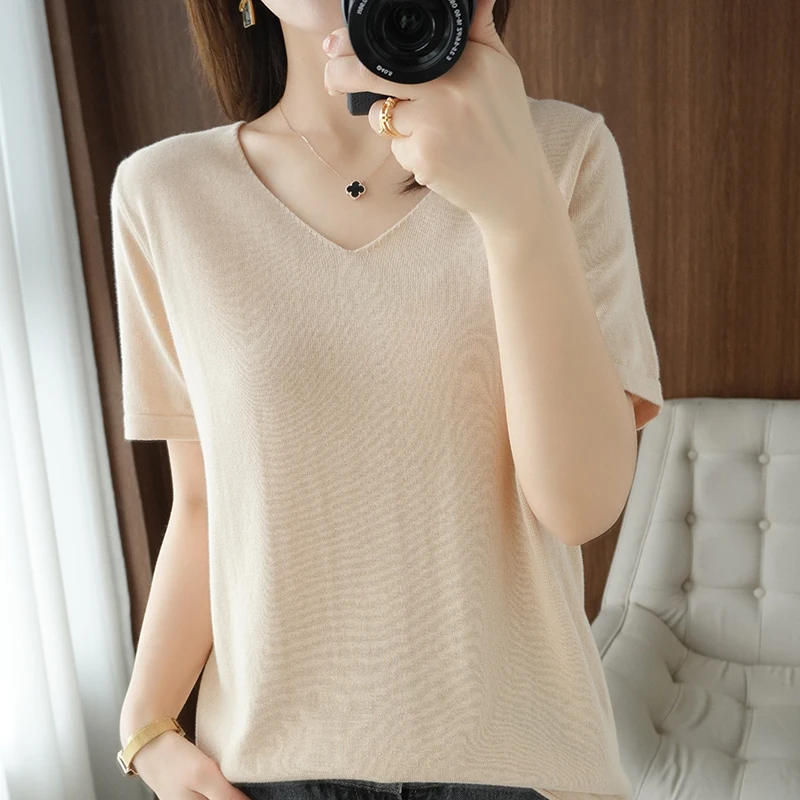 

V-Neck Loose Thin Pure Cotton Jersey 2024 Spring New Women's Round Neck Blouse Summer Short-Sleeved T-Shirt Shirt Top Wear