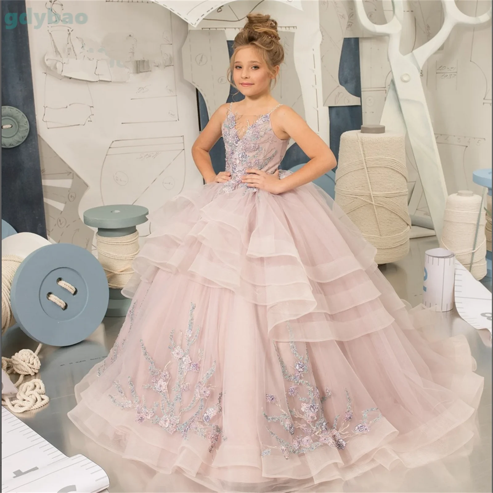 A+Flower Girl Dress For Wedding Purple Off The Shoulder Long Sleeve Beading Princess Ball Gown Train Birthday Party Dress