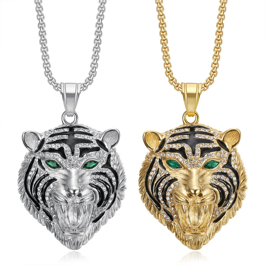 

Punk Iced Out Bling Tiger Head Pendant Gold Silver Color Stainless Steel Crystal Zirconia Animal Necklace for Woman Man Jewelry