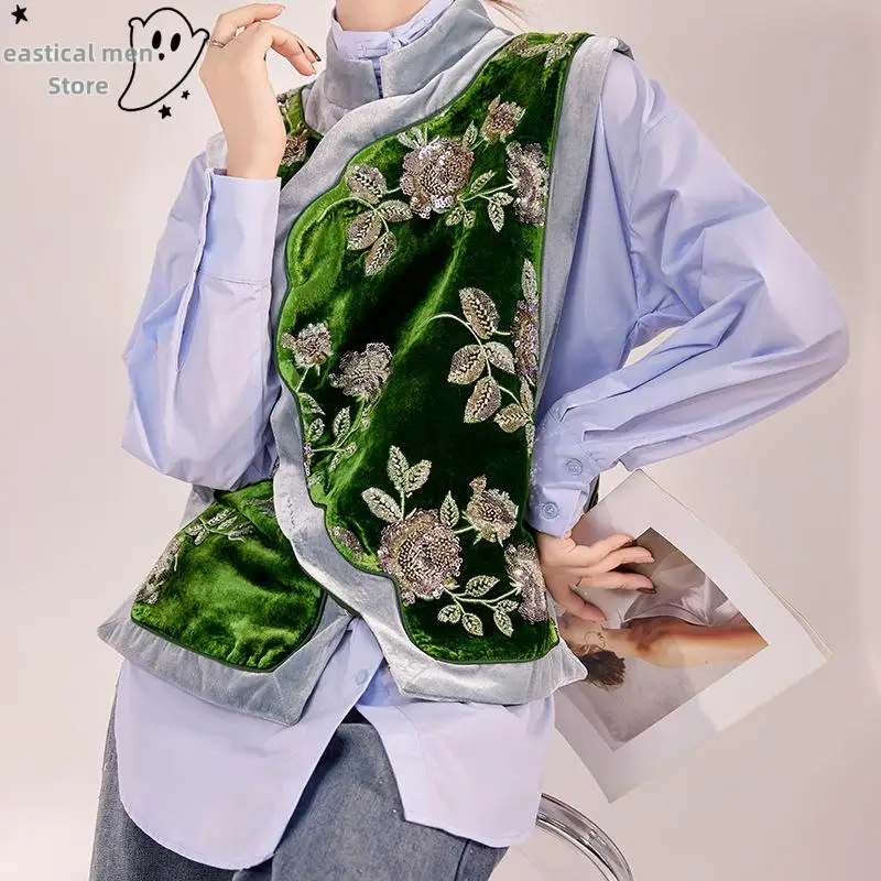 Green Sleeveless Qiao Top Women Luxury Velour Embroider Glitter Flower Chesongam Costume Vintage Tang Clothes Vest Tops Hanfu