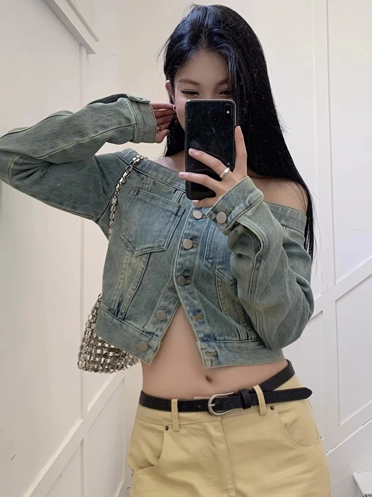 Korean Fashion Off shoulder Button Jeans Shirt Jacket Women Long sleeve vintage Cropped Denim Top Youth Cool Blouse 2023 New