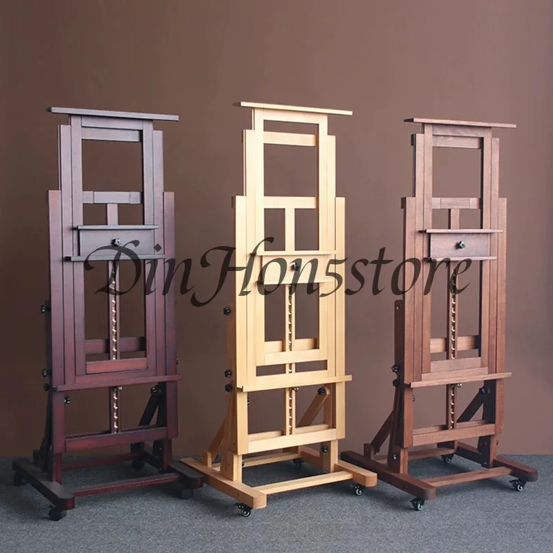 Rolling Studio Easel Horizontal and Vertical Adjustable Large Easel Art Supplies Solid Wood Wheeled for Artists, Gallery Display