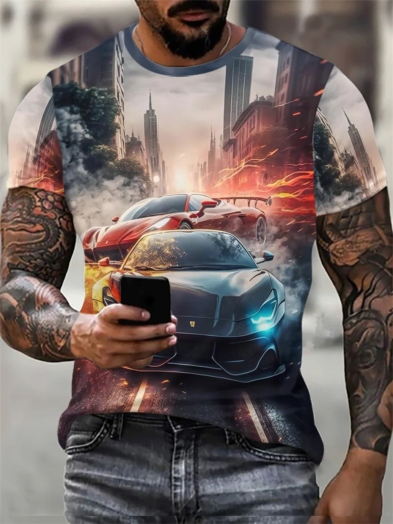 

6XL Plus Size Men's Car Pattern T-Shirts Summer Short Sleeve 3D Printed Street T Shirt O-Neck Casual Loose Overiszed Tops