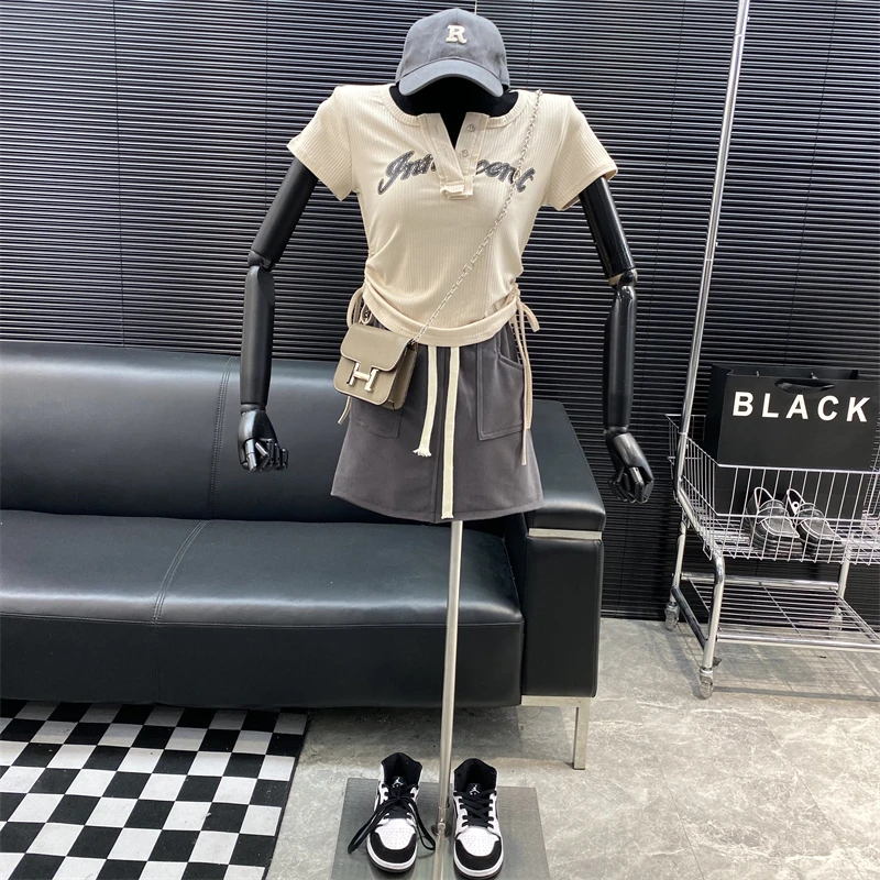 New 2022 fashion Designer new style Famous brand Two side Drawstring Printed T-shirt summer Slim Versatile Top