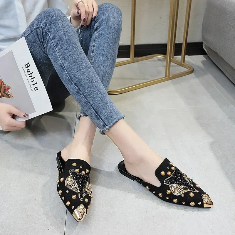 Women Shoe Fashion String-bead Pointed Rhinestone Rivet Flat Women Slippers Slip-On Mules Loafer Sandals Slides Ladies Shoes