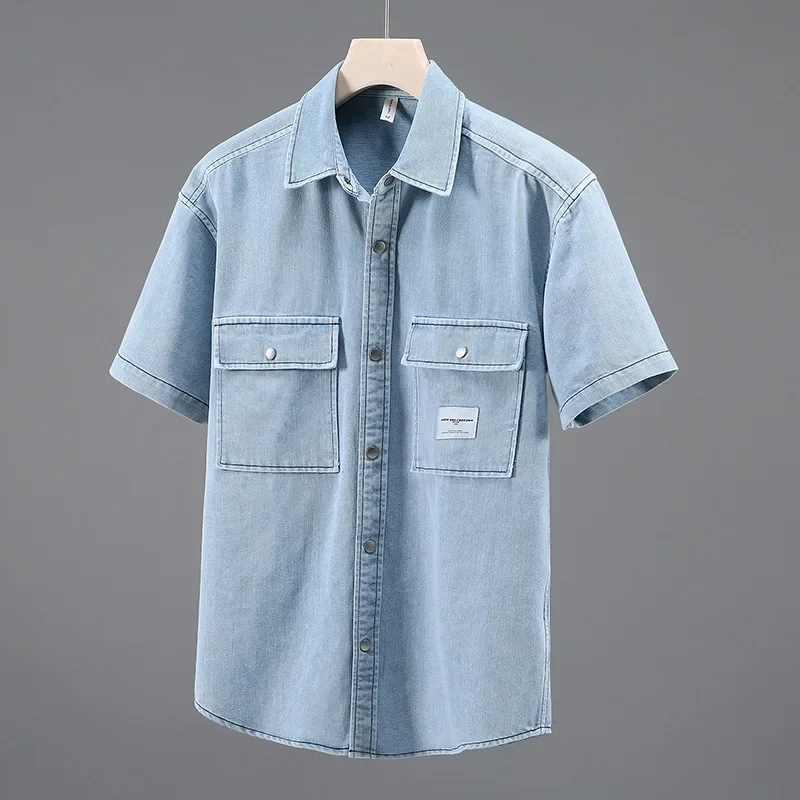 

Korean Fashion Mens Short Sleeve Denim Shirts Summer Daily Casual Jean Shirts Male Lapel Pockets Shirt Youth Loose Cowboy Tops