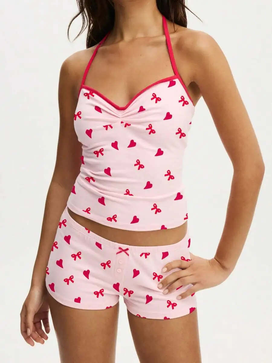 Women Y2k Cami Pajama Set Heart Bow Print V Neck Sleeveless Backless Halter Tank Top Elastic Waist Button Front Boycon Mini