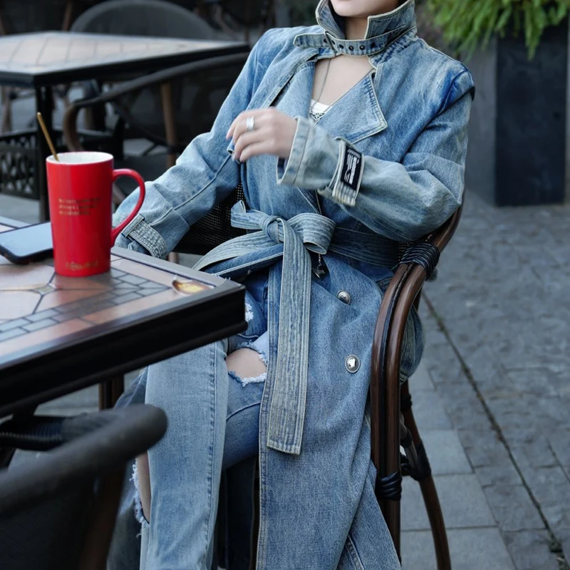 Mantel panjang Denim musim gugur wanita, mantel Jeans mewah musim dingin 2023, jaket Trench Bomber kasual, pakaian luar ruangan untuk wanita