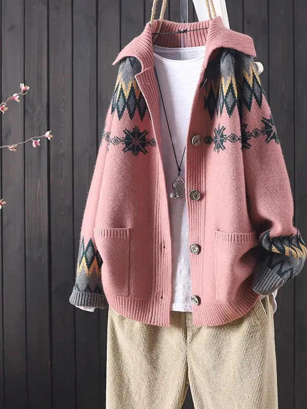 

Loose Knitted Sweater Coat Button up Collar Winter Outerwear Thickened Long Sleeve Commute Style Mid-Length Women's Jacket