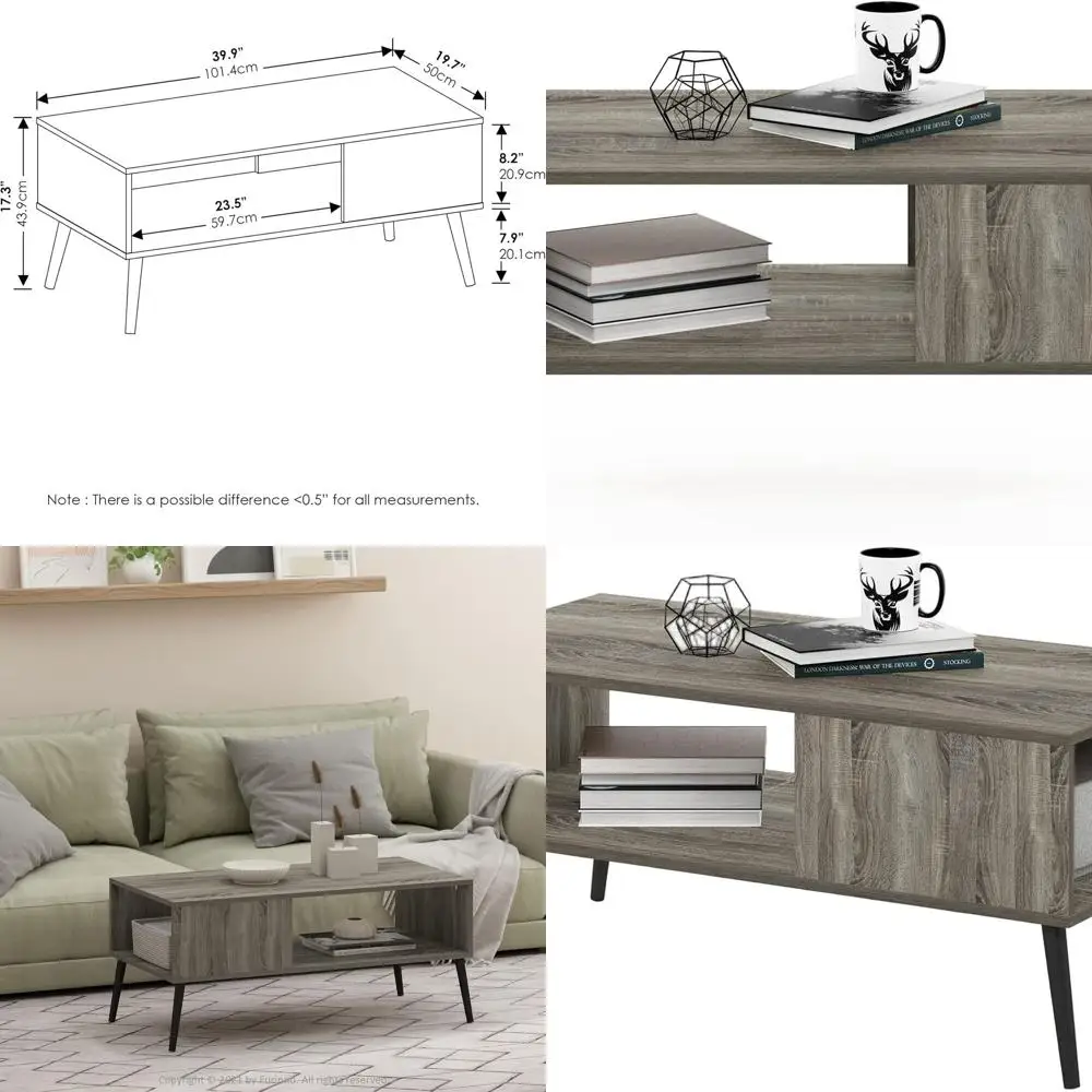 

Mid-Century French Oak Grey Coffee Table with Large Wood Legs, Non-Lift Top