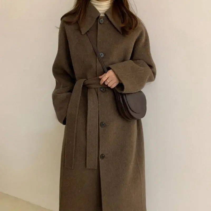 

2023 Winter Women's Double Sided Cashmere Coat Waist Slim Fashion Woolen Coat Solid Color Turn-down Collar Button Casual Coat