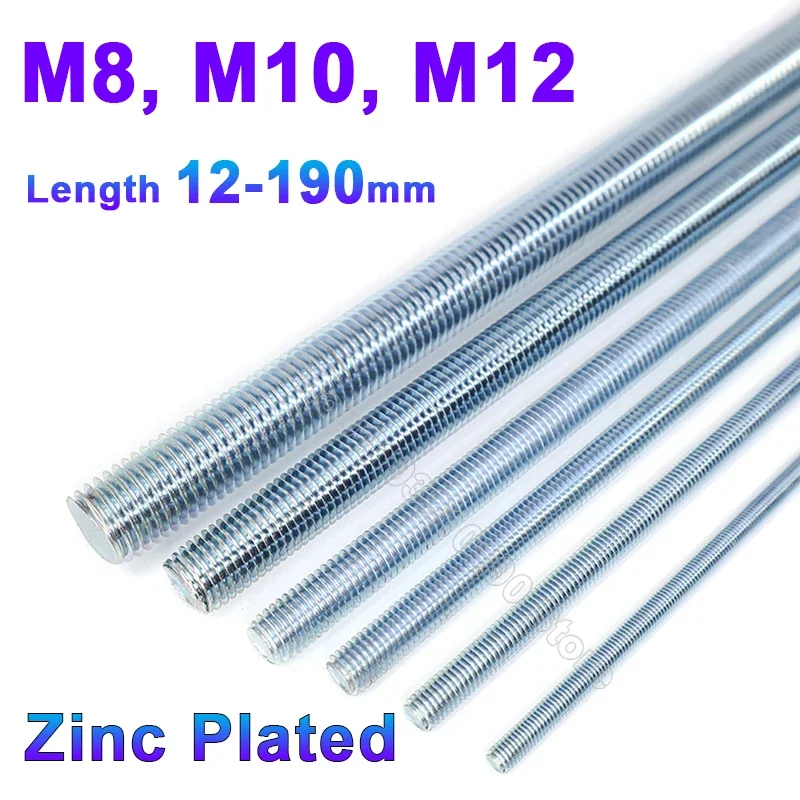 1-30Pcs M8 M10 M12 Zinc Plated Full Threaded Rod Fully Metric Thread Rods Bar Screw Galvanized Bolts Stud Tooth Stick L 16-300mm