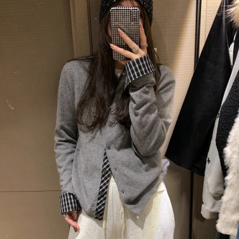 

Korean Two Fake Pieces Cardigan Women Plaid Mix Color Knitted Cardigan Woman Spring Autumn Single Breasted O-Neck Coats Lady