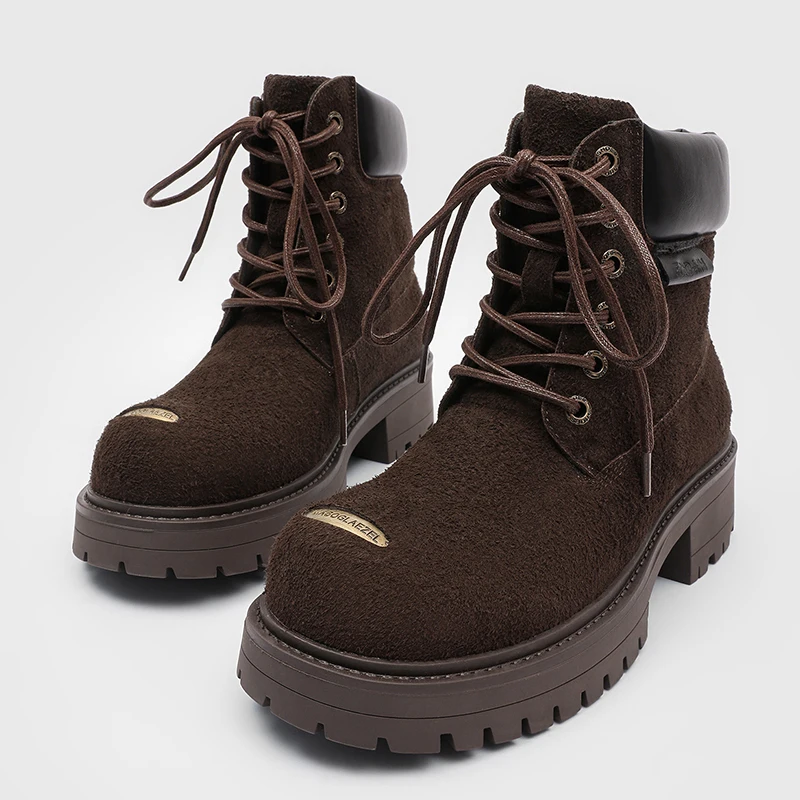 

Осенне-зимние высокие мотоциклетные ботинки для мужчин, короткие ботильоны на толстой подошве со шнуровкой и молнией, мужские коричневые ботинки