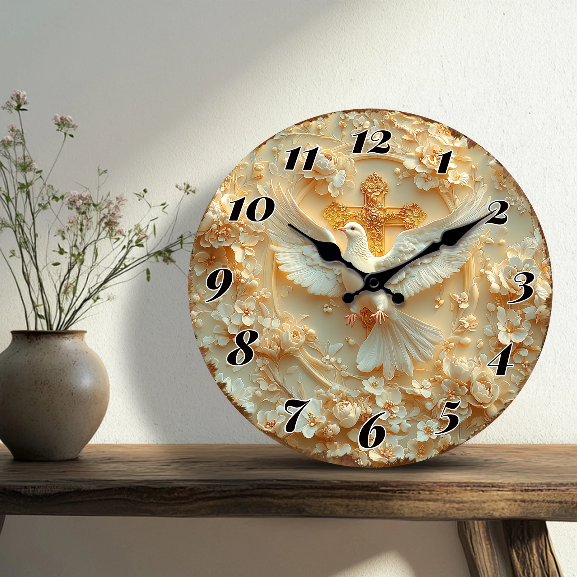 Dove and Cross Floral Round Wall Clock, Religious Themed Decorative Wall Clock for Peaceful Ambiance
