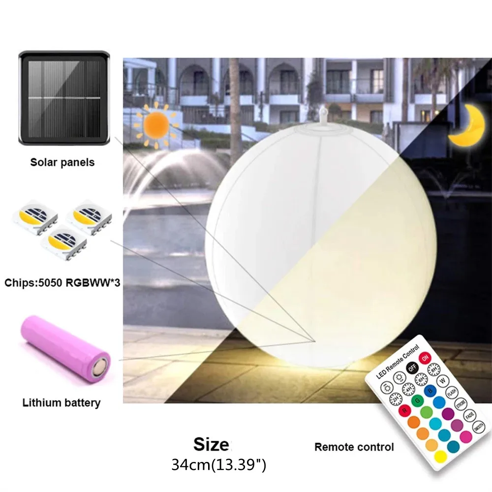 

1pcs Solar power 34cm RGB Floating Pool Light 16Colors Glowing Decorative Beach Ball For Outdoor Swimming Pool Sports Equipment