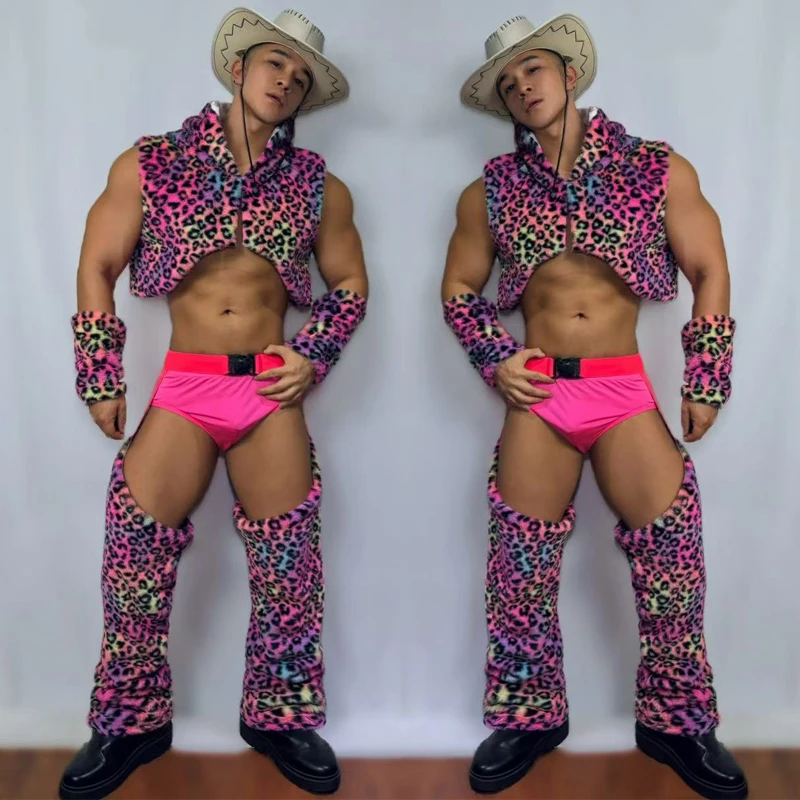 

Бар, ночной клуб DS DJ Gogo, танцевальный костюм, мужской красочный леопардовый жилет, полые штаны, наряд для танцев на пилоне для взрослых, мужская джазовая одежда XS9941