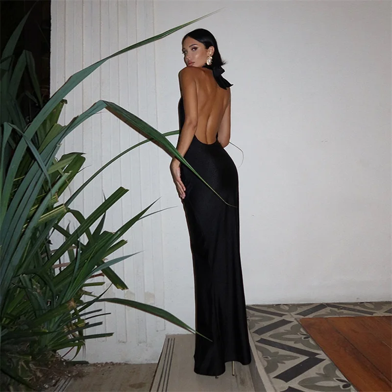 Halter Hollow Women's Homecoming Dress Pleated High Split Party Gown Yellow Black Backless Long Prom Skirt New Arrival In Stock