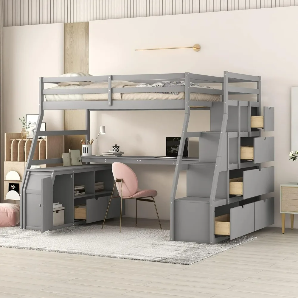 

Twin Loft Bed with Stairs & Desk, Loft Bed with Storage Drawers and Cabinet, High Loft Bed with Storage Steps, Children Beds