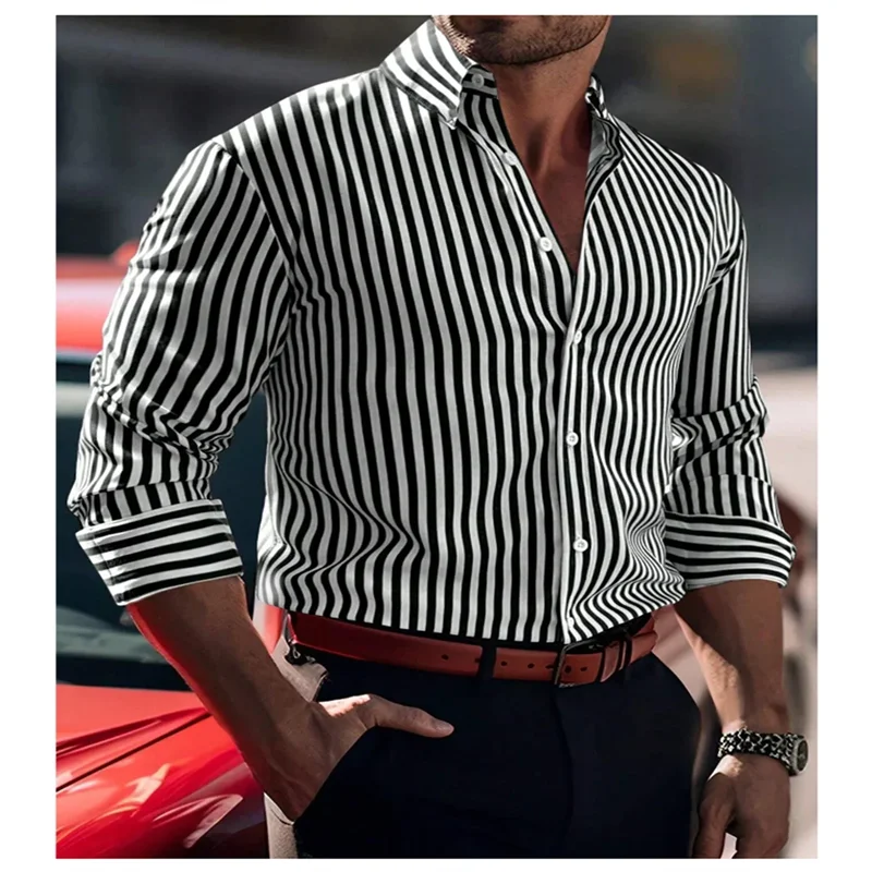 New men's shirt formal loose men's striped office solid color shirt elegant slim fit shirt