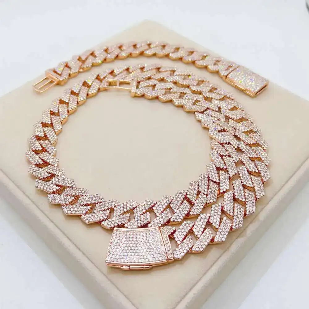 

Pass Tester Hip Hop Cuban Necklace Bling Iced Out Silver Cuban Link Chain Moissanite Jewelry Set for Men
