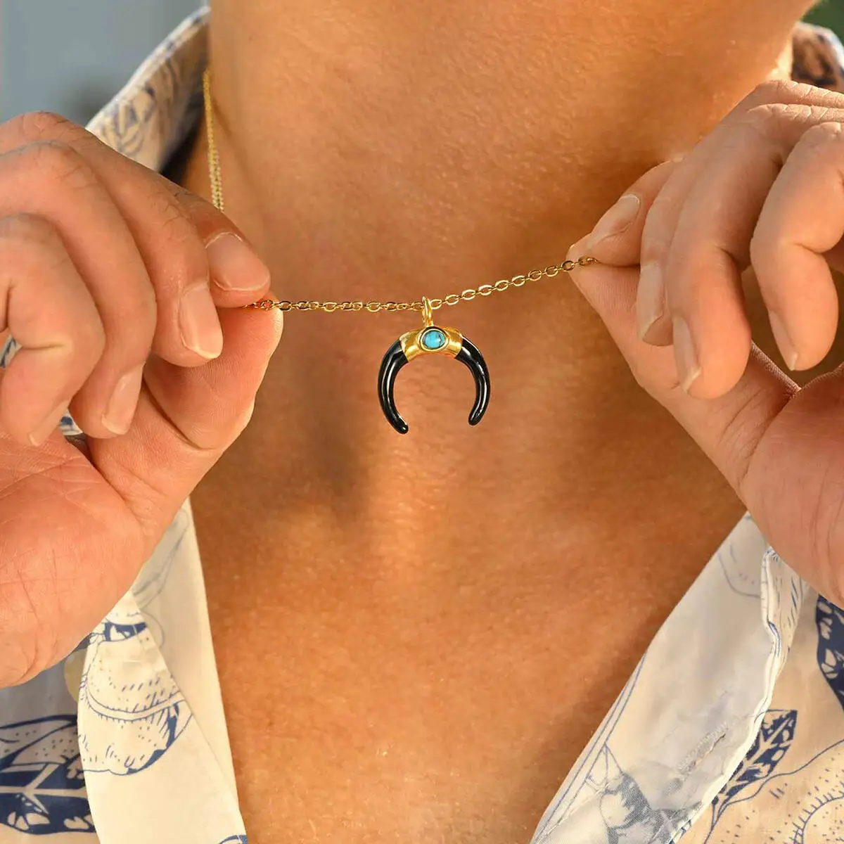 

Black Gold Color Crescent Necklace for Men Boys,Turquoise Stainless Steel Pendant,Ethnic Style Jewelry Gift