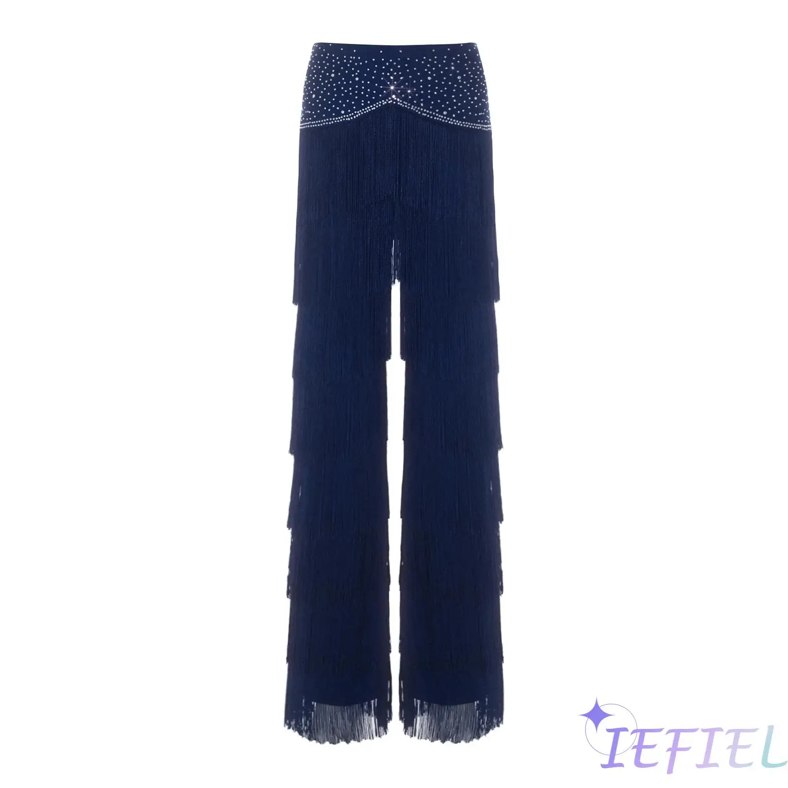 

Women Latin Tango Dance Fringed Pants Rhinestone Waist Layered Tassel Straight-leg Trousers for Cha-cha Rumba Training Ballroom