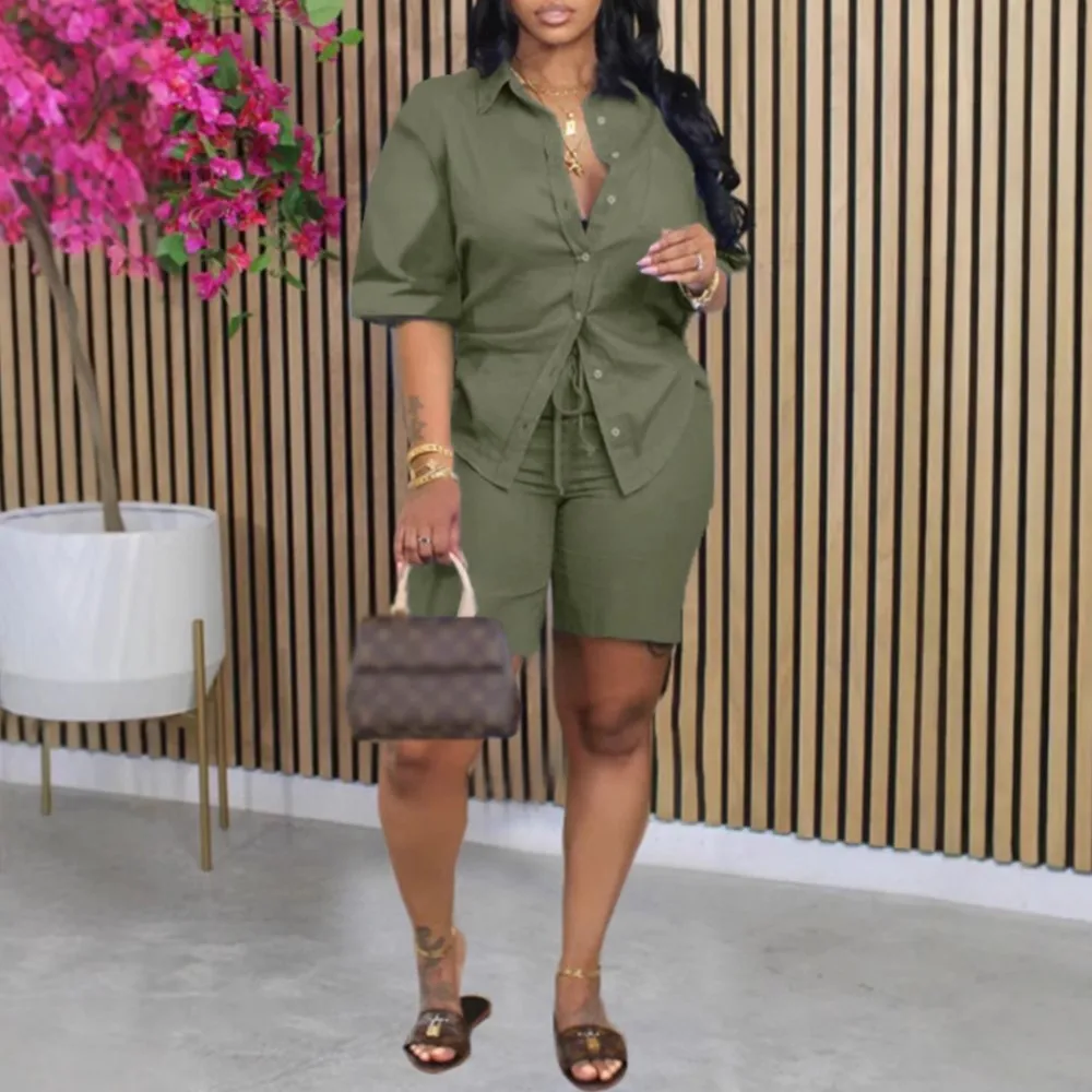 Summer Women Casual Shirt And Shorts Two Piece Sets Fashion Suit Short Sleeve Shirt Tops Office Outfits New Women's 2 Piece Set