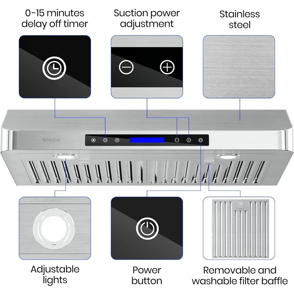 nches Under Cabinet Range Hood, 900 CFM Stainless Steel Kitchen Chimney Vent, 4 Speed Touch Screen Control