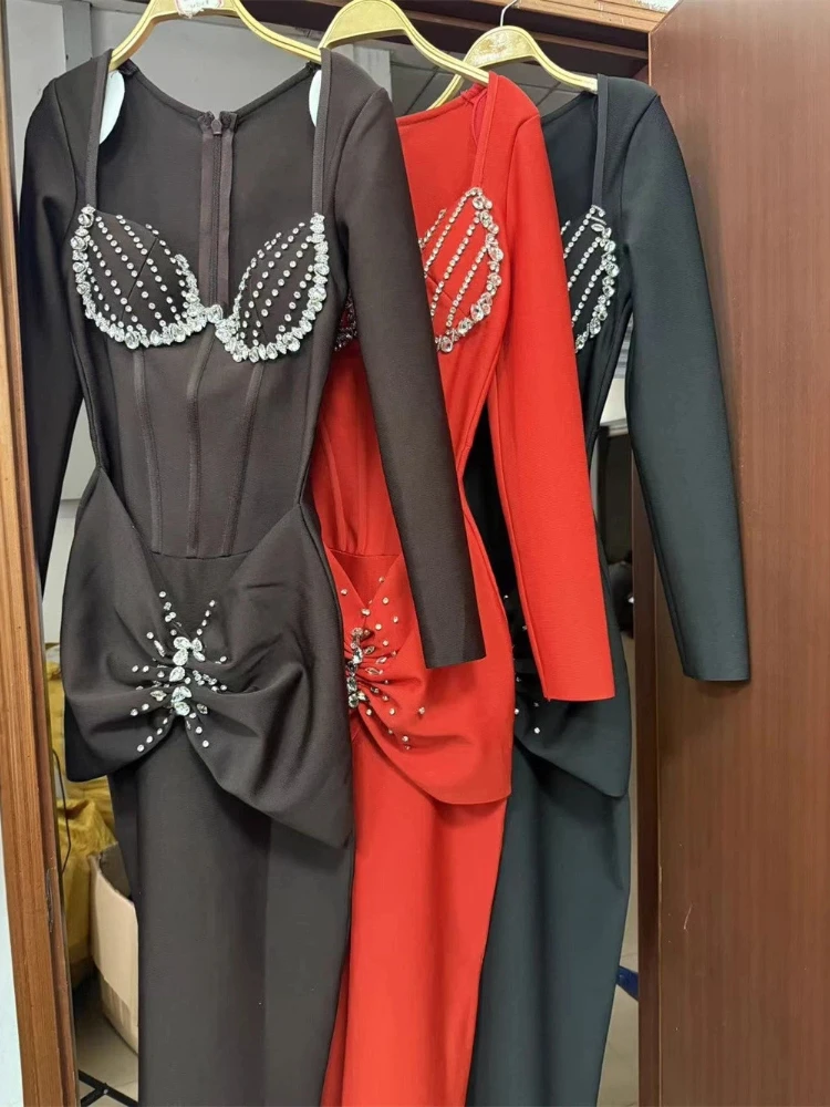 Abito aderente a maniche lunghe con fasciatura scintillante di lusso sexy, festa di celebrità, abiti eleganti da sera per club, set su misura