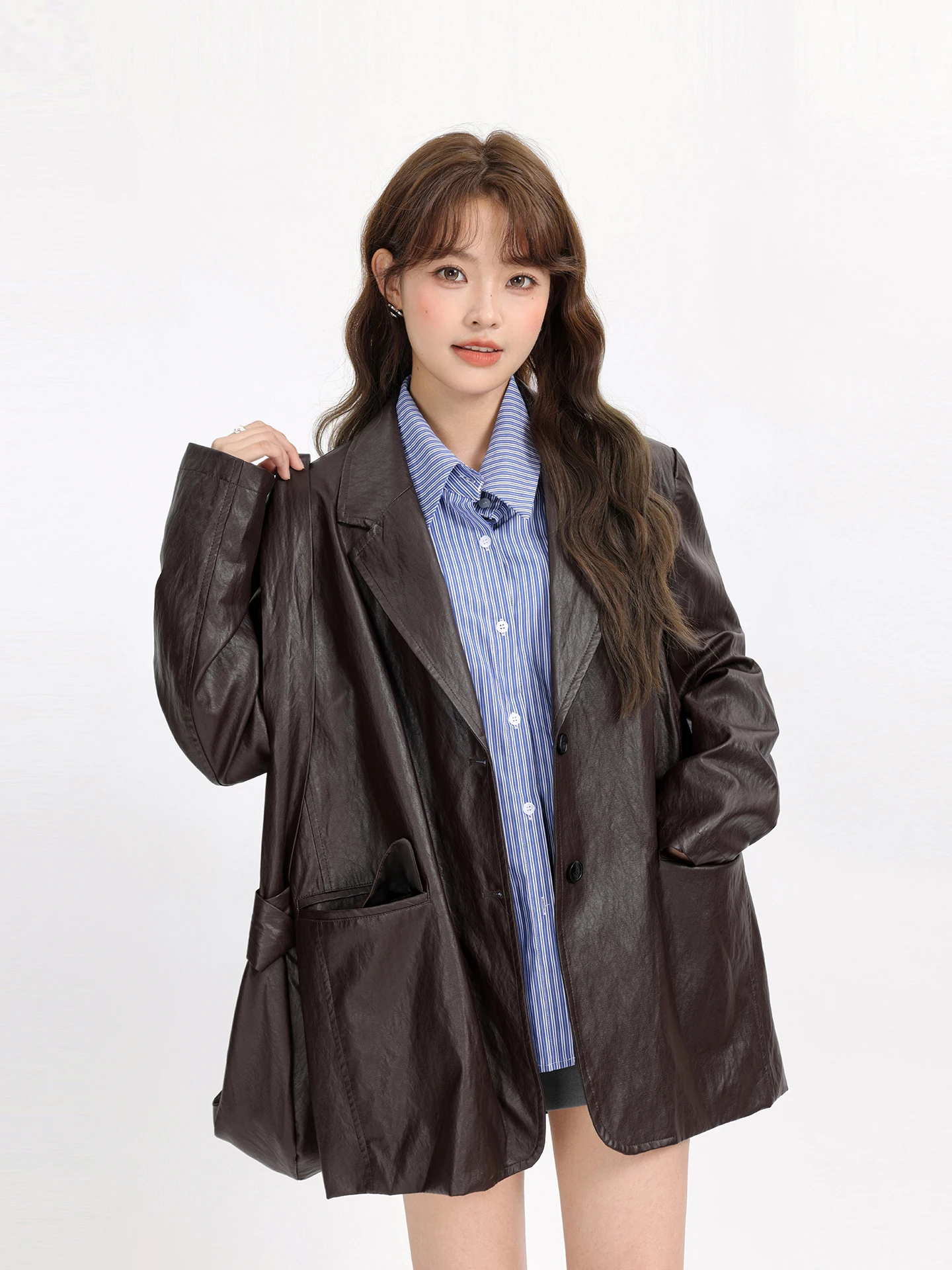 เสื้อแจ็คเก็ตหนัง PU สไตล์ไบค์เกอร์สำหรับผู้หญิง รุ่น Ele Vintage Lazy Sle ทรงหลวม ช่วยให้ดูผอมเพรียว เหมาะสำหรับฤดูใบไม้ร่วง แฟชั่นลำลองใหม่ล่าสุด