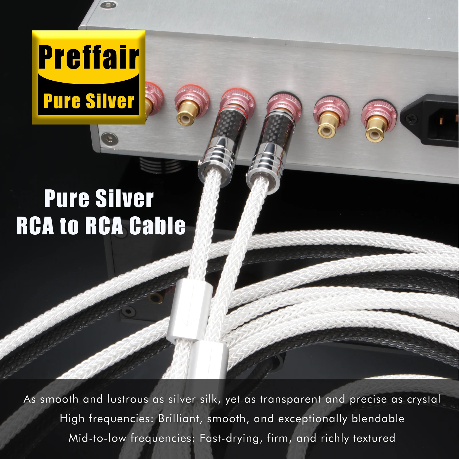 Preffair HiFi X460 RCA Audio Cable High Purity Soild Silver 2RCA Cable with Rhodium Plated Carbon Fiber Male to Male Plug