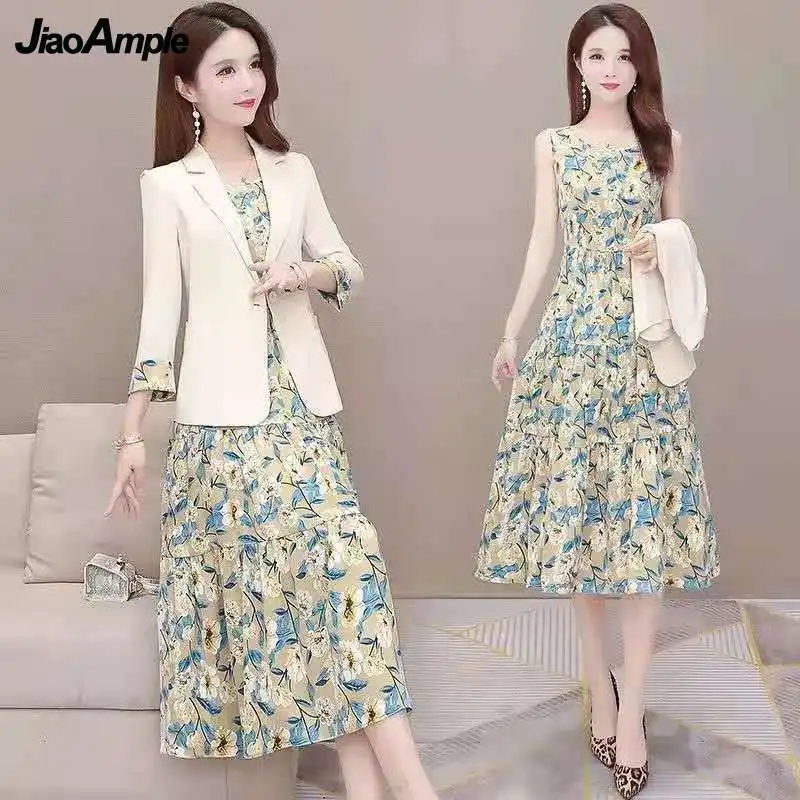 Dames Casual Bloemen Sling Jurk Set 2025, Lente Herfst Nieuw Jasje Jurken Tweedelige Vrouwelijke Chique Blazers Midi Rok Set