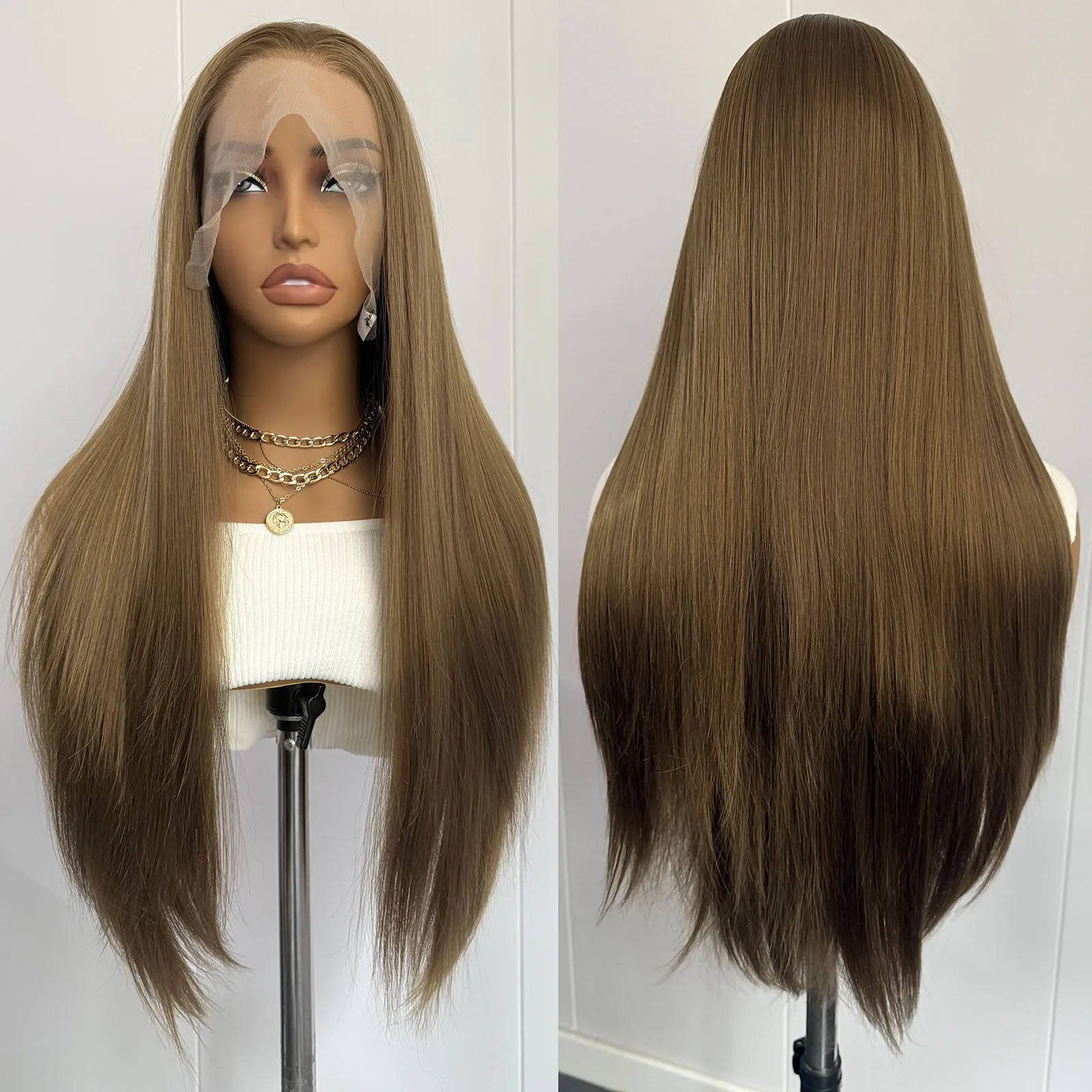 

Смешанный коричневый парик спереди, синтетические длинные шелковистые прямые парики для женщин, 13x4, естественная линия волос, ежедневный парик, термостойкий