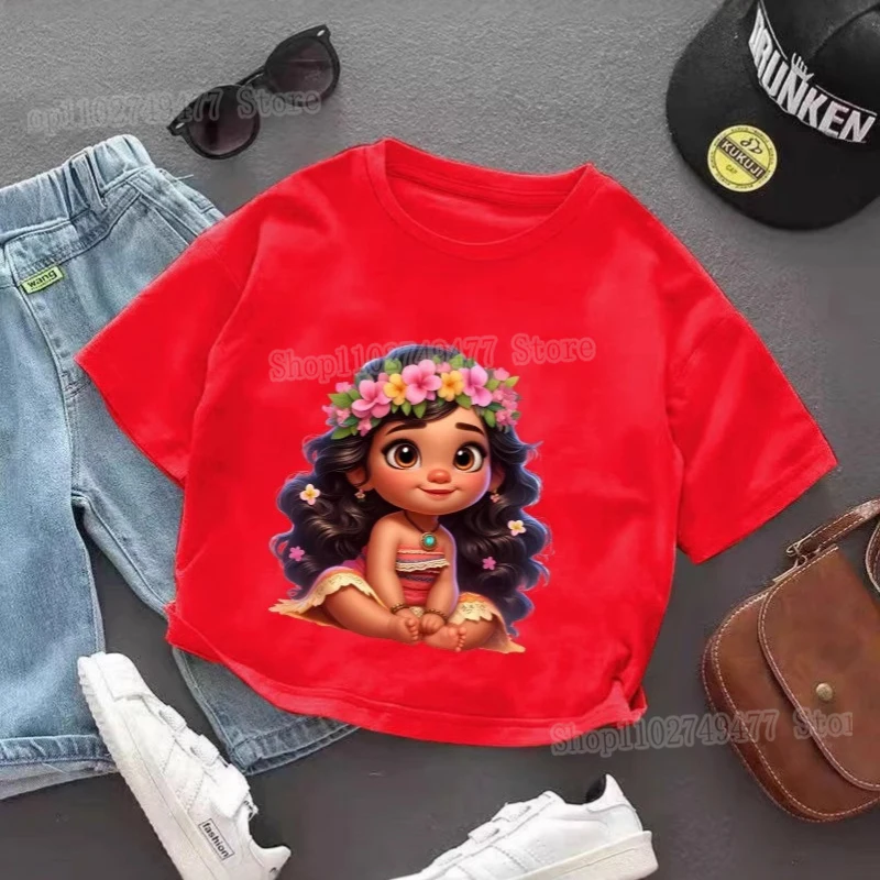 Camiseta de manga corta para niños película Disney Moana estilo princesa Camiseta cuello redondo algodón transpirable top ropa casual regalos